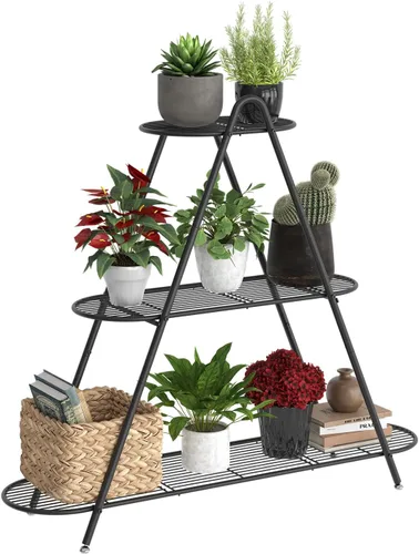 Soporte para plantas para patio, estante de metal de 3 niveles, estante de exhibición para interiores y exteriores, para múltiples macetas, plantas