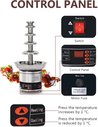 Miniatura 2 de Máquina de fuente de chocolate de 5 niveles, máquina eléctrica grande para fondue de chocolate, acero inoxidable, ideal para dulces, frutas, nueces