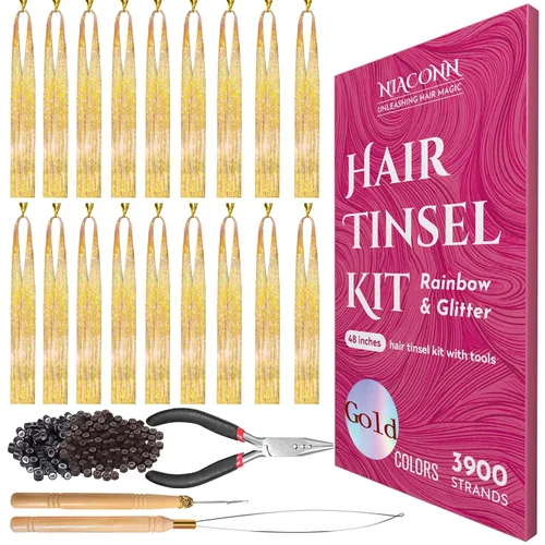 Miniatura 14 de NIACONN Kit de extensiones de oropel con purpurina de 18 colores con herramientas y cuentas, 48 pulgadas, mechones de tracción brillantes de hadas