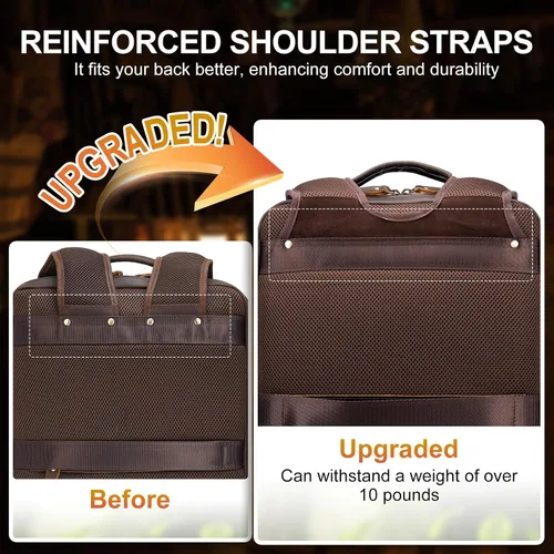 Miniatura 3 de TIDING Mochila para portátil de cuero de grano completo de 17.3 pulgadas para hombres, multibolsillos, casual, mochila de viaje de negocios, Marrón