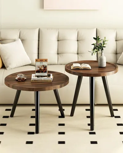 Miniatura 5 de Juego de 2 mesas de centro redondas anidadas, mesa de té de nogal para espacios pequeños, mesa central circular de madera con acanaladas, mesas