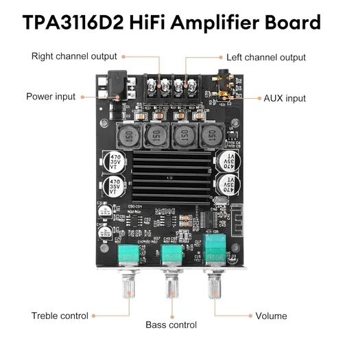 Miniatura 2 de Daakro ZK-1002T Placa amplificadora Bluetooth, placa amplificadora de 100W+100W de 2.0 canales con control de agudos/graves, DC 12-24V, entradas