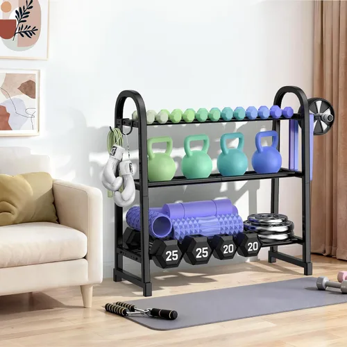 Miniatura 7 de Estante para mancuernas de 3 niveles, capacidad de 360 libras, estante de almacenamiento de mancuernas ajustable, ahorra espacio, soporte de pesas