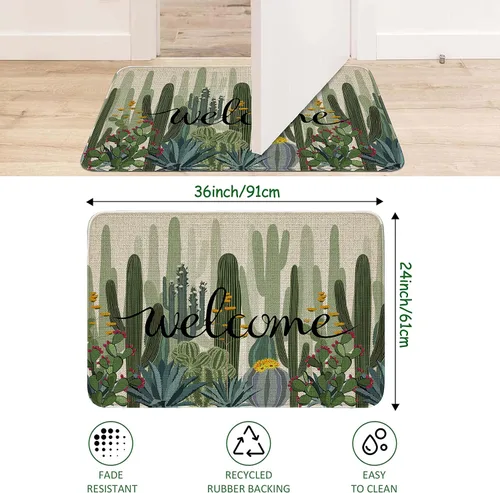 Miniatura 3 de Tapete de bienvenida para puerta de exterior, color verde cactus, 36 x 24 pulgadas, antideslizante, lavable, tapete para puerta de entrada
