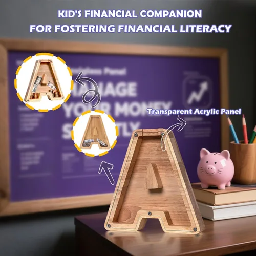 Miniatura 6 de Alcancía de Madera Personalizada con Letras del Alfabeto, Banco de Monedas con Letras del Alfabeto para Niños, Niñas y Bebés, Tamaño Grande, 26
