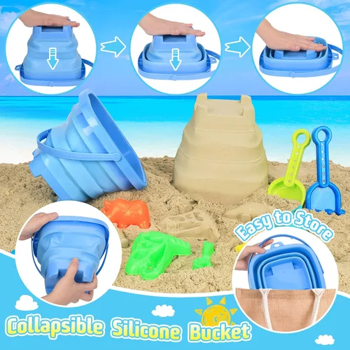 Miniatura 2 de FUSPWEAO Juguetes de playa, juguetes de arena de dinosaurios con camión volquete y cubo de playa plegable, pala y rastrillo, bolsa de malla, moldes