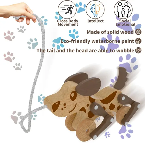Miniatura 3 de Juguetes Montessori 1 2 3 4 Años Niños Niñas Juguete de Perro de Madera para Caminar y Tirar para Bebés y Pequeñas, Juguetes de Caminar y Tirar