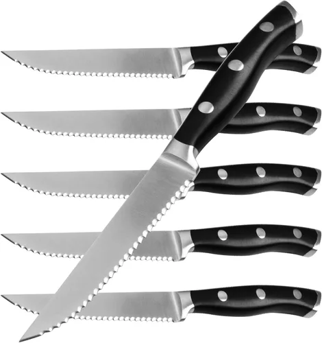 Miniatura 13 de Alata Juego de cuchillos para carne de 8 piezas, 4.7 pulgadas con borde dentado, cuchillos afilados para cena, construcción de espiga completa Negro