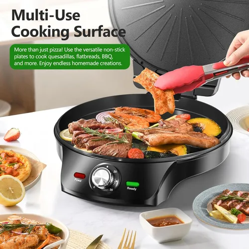 Miniatura 3 de KEINVE Plancha eléctrica de 1500 W, plancha interior 2 en 1 y máquina de pizza con temporizador de 30 minutos y apagado automático, 12 pulgadas 180°