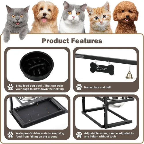 Miniatura 4 de Cuencos elevados con comedero lento para perros grandes y medianos, soporte elevado, ajustable y antideslizante con 2 cuencos de acero inoxidable