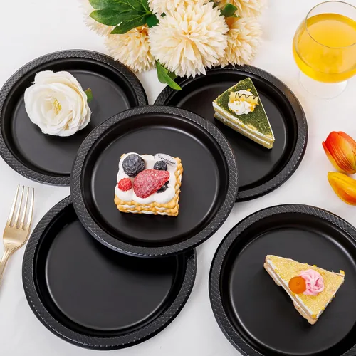 Miniatura 3 de WELLIFE Platos de postre negros de 7 pulgadas, 150 unidades, platos de postre de plástico desechables para fiestas, pasteles, aperitivos, ensaladas