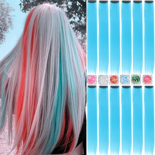 Miniatura 16 de Extensiones de cabello de colores, extensión de cabello liso con clip de 22 pulgadas, extensiones de cabello con brillantina multicolor arcoíris