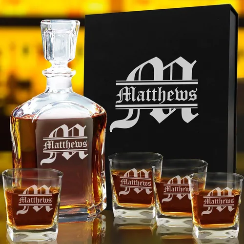 Miniatura 5 de My Personal Memories, Juego de decantador de whisky personalizado de 5 piezas, decantador y juego de regalo de 4 vasos, grabado personalizado