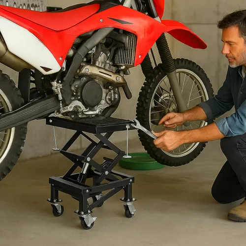 Miniatura 3 de Gato hidráulico de tijera para motocicleta de 300 libras, escalón de pie con 4 ruedas para motocicletas de cross pequeñas, soporte de gato