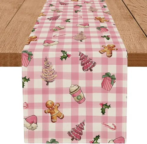 Camino de mesa de Navidad rosa a cuadros, árbol, pan de jengibre, caramelo, Navidad, 13 x 36 pulgadas, decoración de mesa navideña de invierno para