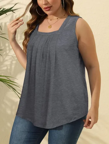 Miniatura 129 de Saloogoe - Camisetas sin mangas veraniegas para mujeres, plisadas con cuello cuadrado y dobladillo curvado, blusas de ajuste holgado con movimiento