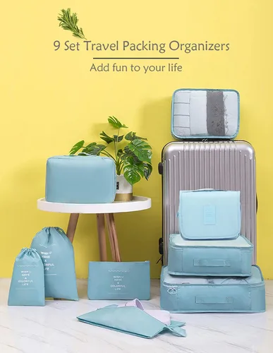 Miniatura 2 de GuaziV Juego de 9 cubos de embalaje bolsas de equipaje de viaje con bolsa de aseo colgante azul