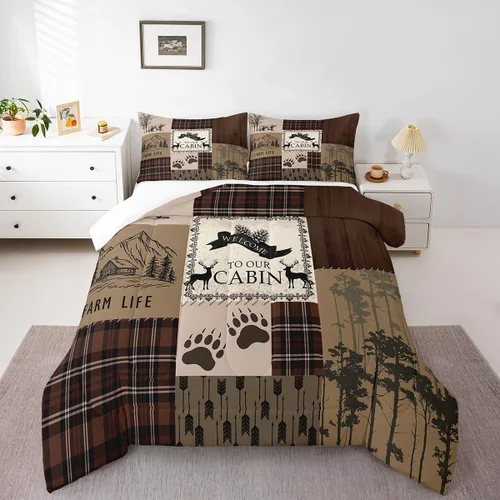 Miniatura 41 de Manfei Rutic Farmhouse - Juego de edredón tamaño King, juego de ropa de cama de retazos de madera a cuadros de ciervo, oso, árbol, 3 piezas