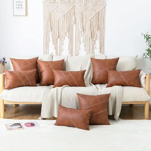 Miniatura 4 de Fundas de almohadas de cuero de imitación modernas y decorativas en color marrón, juego de 2 de 18x18 pulgadas, fundas de almohada estilo bohemio