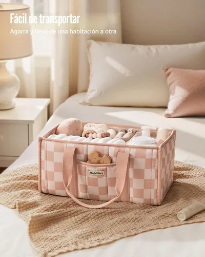 Miniatura 4 de Blissful Diary Organizador de pañales a cuadros, elegante cesta de almacenamiento para guardería, regalo para baby shower, artículos esenciales