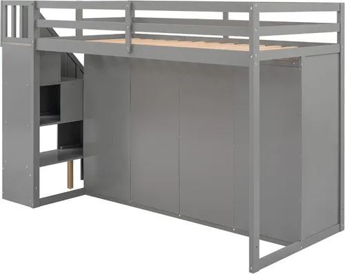Miniatura 5 de SOFTSEA Cama tipo loft de tamaño individual con escalera de almacenamiento y armario, marco de cama funcional de madera maciza con estantes