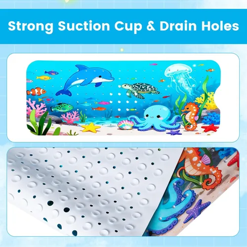Miniatura 3 de Alfombra de bañera para niños antideslizante, delfines nadan felices en el mar (azul) 40 x 16 pulgadas, extra larga, suave, ventosa para un agarre