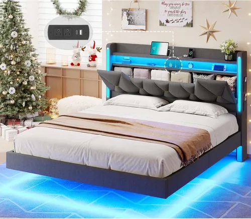 Base de cama flotante tamaño Queen con cabecera de almacenamiento oculta, capacidad de peso de 1200 libras, cama de plataforma de metal con luces