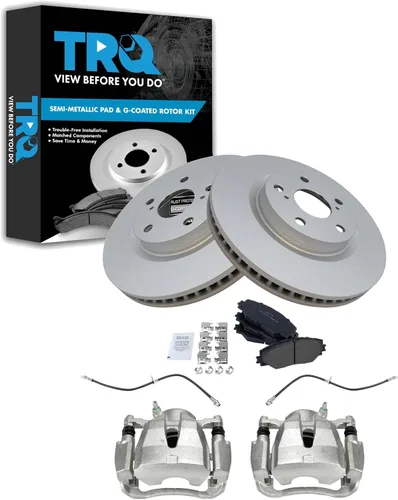 Miniatura 16 de TRQ Kit de pastillas de freno delantero y rotor, pinza de freno, manguera de freno, rotor de freno, semimetálico, revestimiento G, compatible