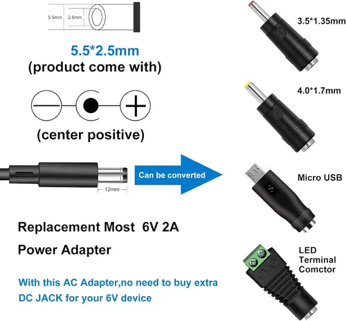Miniatura 4 de Adaptador de fuente de alimentación UL DC 6V 2A Adaptador de alimentación 6Volt Cargador DC en 6V Cable de alimentación 100mA 300mA 400mA 500mA
