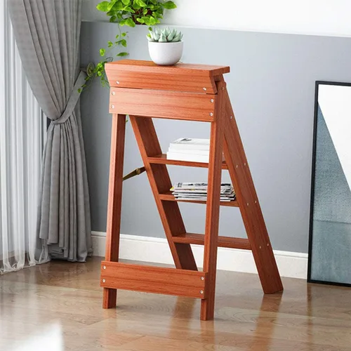 Miniatura 7 de Escalera de madera de 5 niveles, taburete plegable para el hogar, estante de almacenamiento multiusos para flores, escalera de escalera
