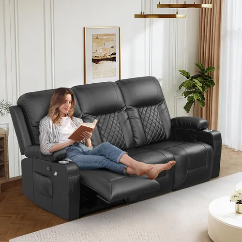 Miniatura 7 de FURNIMAT Sofá reclinable, sofá reclinable doble de 3 asientos, sofá biplaza de piel sintética, moderna silla reclinable para sala de estar, con Negro
