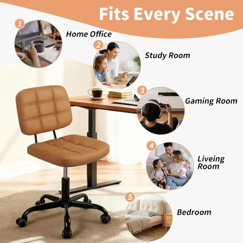 Miniatura 3 de Silla de escritorio de oficina en casa sin brazos – Pequeñas sillas giratorias de escritorio de oficina con ruedas – Silla de computadora de piel