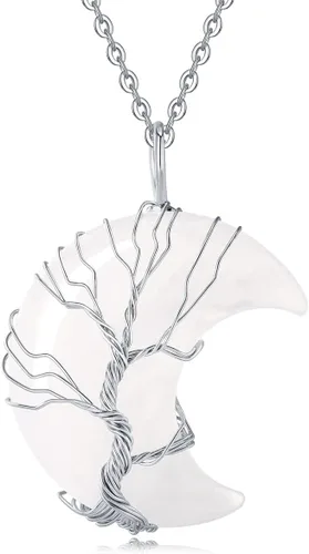 XIANNVXI Collar con colgante de luna creciente envuelta en alambre con forma de árbol de la vida Collar con piedras de cristal curativo de reiki y