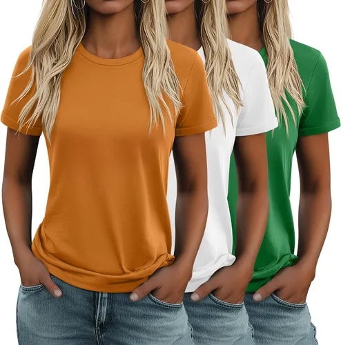 Miniatura 22 de Huukeay Paquete de 3 camisetas de algodón para mujer, estilo casual, de manga corta, cuello redondo, ajuste holgado, básica, lisa