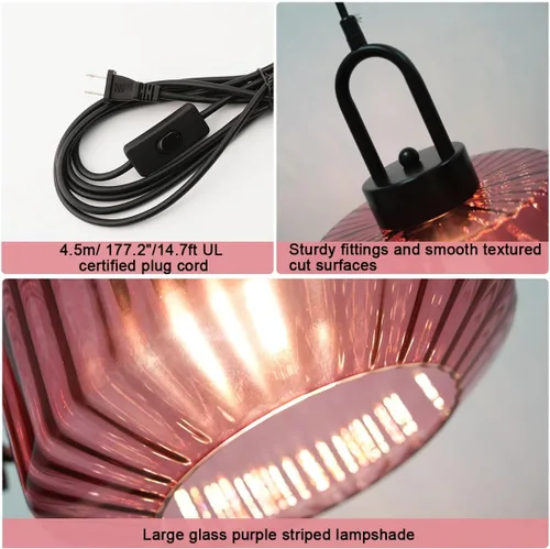 Miniatura 3 de Lámpara colgante de globo de vidrio enchufable, lámpara colgante moderna de mediados de siglo con cable de 14.7 pies, pantalla de vidrio a rayas
