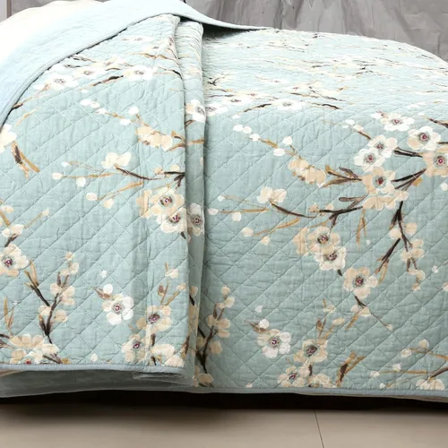 Miniatura 6 de Juego de cama de 3 piezas de edredón de algodón tamaño king, crema, flores de cerezo, floral, cian, azul, verde, ligero, reversible, cubrecama