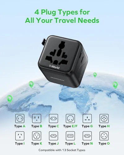 Miniatura 5 de MOMAX Mini Adaptador Universal de Viaje Mundial, 2 AC, Adaptador de Enchufe de Viaje Europeo Completo Reino Unido, Elementos Esenciales de Viaje