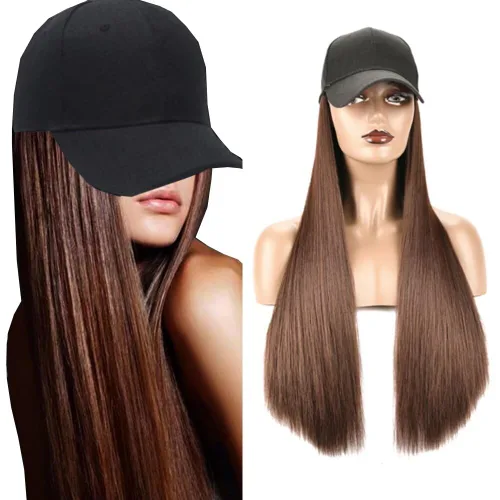 Miniatura 19 de Extensiones de cabello sintético Bobo corto con gorra de béisbol negra de 9 pulgadas, peluca con gorro de cabello negro y marrón para mujer, peluca