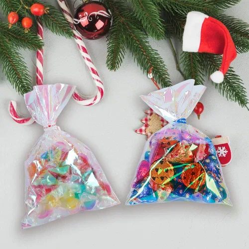 Miniatura 5 de HRX Package 100 piezas de pequeñas bolsas de celofán iridiscentes con lazos, 4x6 pulgadas bolsas de plástico holográficas para dulces, pop cakes