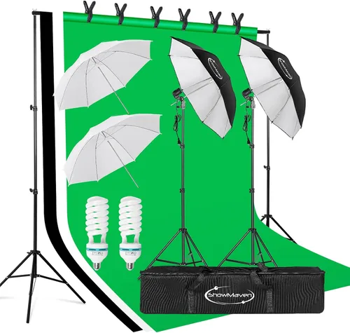 ShowMaven Iluminación fotográfica, soporte de fondo de 6.5 pies x 10 pies y sombrillas kit de iluminación continua para estudio fotográfico de
