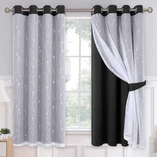 Miniatura 10 de BGment Cortinas de oscurecimiento de habitación con superposición transparente, cortinas de tul estampado plateado de doble capa para sala de estar