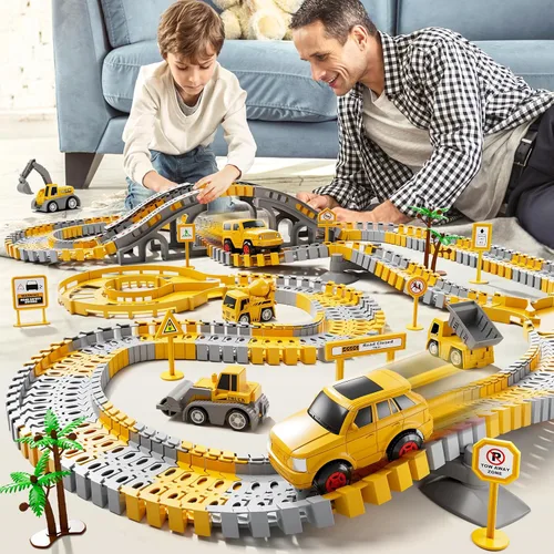 Miniatura 8 de iHaHa - Juguetes de pistas de carreras de construcción para niños pequeños de 3, 4, 5, 6 años, 2 piezas de autos de carreras eléctricos y 4 piezas