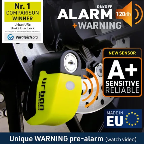 Miniatura 3 de Candado con alarma para el disco de freno Urban UR6 para motocicleta y bicicleta de 0.23 in y 120 dB, universal, resistente al agua con cable