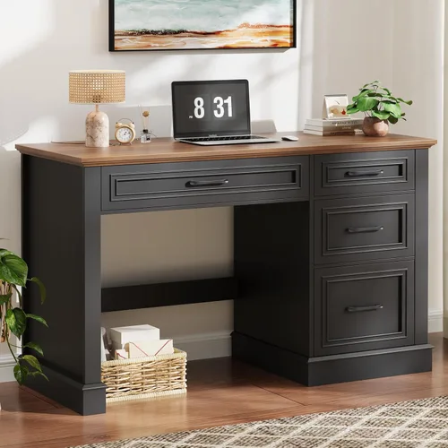 Miniatura 9 de Escritorio para computadora de granja de 47.2 pulgadas con cajón de archivos ajustable, 3 cajones, escritorio ejecutivo reversible con soporte