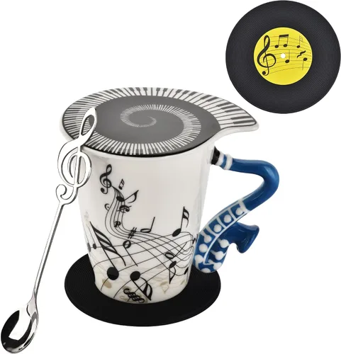 Miniatura 8 de Taza de café de guitarra de 12.9 oz con diseño de notas musicales con tapa temática de música y cuchara y posavasos, regalos para guitarristas