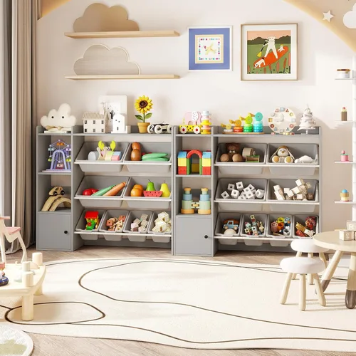 Miniatura 9 de HONEY JOY Organizador de almacenamiento de juguetes para niños, armario de madera de 44 pulgadas de largo con 8 contenedores extraíbles, estantes