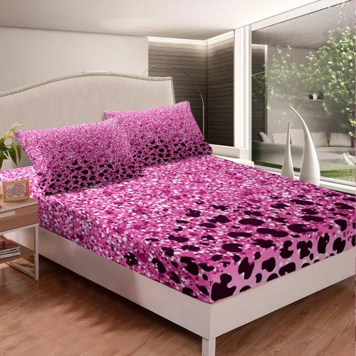 Miniatura 3 de Sábana bajera ajustable con estampado de leopardo rosa, tamaño individual, con lentejuelas brillantes y brillantes, suave y lujoso, ropa de cama