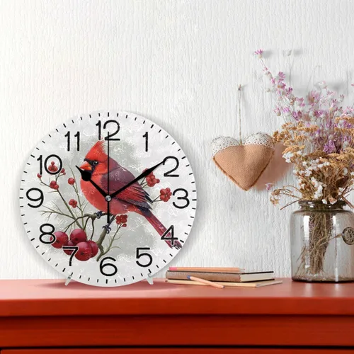 Miniatura 2 de ALAZA Reloj de pared cardenal de pájaro rojo de invierno, funciona con pilas, sin tictac, de cuarzo, analógico, rústico, rústico, reloj redondo