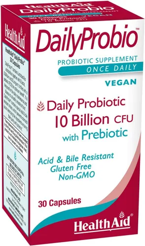 HealthAid DailyProbio - Probiótico diario para el equilibrio intestinal, 10 mil millones de UFC con prebiótico, 10 cepas, una vez al día apoya la