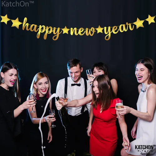 Miniatura 7 de KatchOn, Pancarta de Feliz Año Nuevo de Oro Brillante - 3.05 metros, Pre - Enhebrado Telón de Fondo de Feliz Año Nuevo para Decoraciones de Año